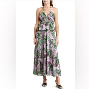 NSR Ruffle Tiered Tropical Leaf Print Maxi Dress Size S